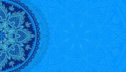 Horizontal light blue background with oriental round pattern. Vector illustration.