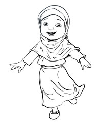 Hand drawing of Muslim Girl make running -Vector Illustration