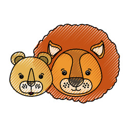 color crayon silhouette caricature face couple cute lion and lioness animals vector illustration