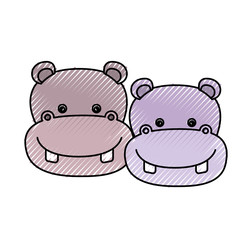 color crayon silhouette caricature face couple cute animal hippopotamus vector illustration