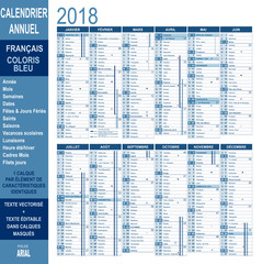 Calendrier annuel 2018 - bleu - en français - 12 mois