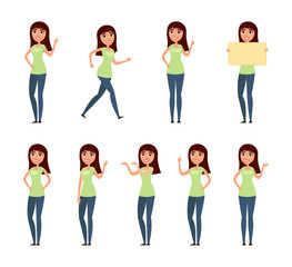 Fototapeta premium Set of woman, girl in casual clothes in different poses. A character for your design project. Vector illustration in flat and cartoon style