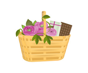 Fototapeta na wymiar Beautiful gift wicker basket with flowers, gifts and chocolate.