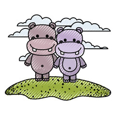 color crayon silhouette scene couple caricature hippopotamus animals in grass