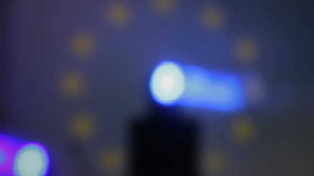 Crossing violet and blue beams of spotlights, LED show, electronic equipment