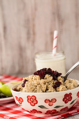 Oatmeal With Cranberries and Apples and Glass of Milk