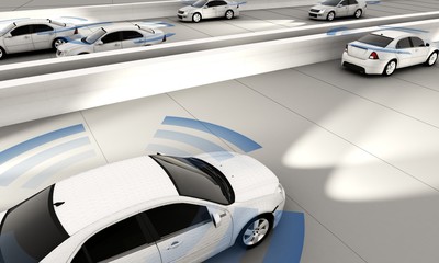 Fototapeta premium Autonomous cars on a road with visible connection 3d Rendering