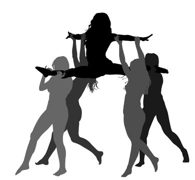Cheerleader dancers figure vector silhouette illustration isolated. Cheer leading girl sport support. High school, college cheerleading formation. Gymnastic legs apart pose perform. Energy dance fan.