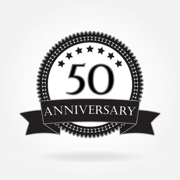 50 years anniversary template with ribbon. 50th celebration emblem or icon. Vector illustration.