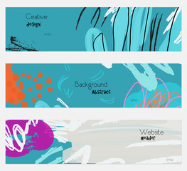 Roughly drawn floral elements cyan blue banner set