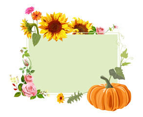 Autumn background: red roses, orange pumpkin, yellow sunflowers, gerbera daisy flower. Digital draw, illustration in watercolor style, mock-up, template, floral frame for design, vector