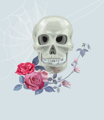 Monochrome gray skull, web and red roses (bouquet, flowers, buds and leaves) on blue background. Vector illustration, watercolor style. Concept for Halloween design. Digital draw.