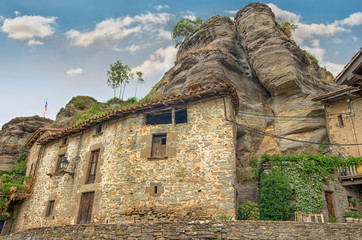 Rupit i Pruit, medieval spanish village. Typical stone houses in an old Catalan village. Catalonia, Spain