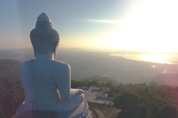 Beautiful Sunrise at White Big Buddha Statue Temple. Phuket, Thailand.