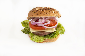 Hamburger meat and vegetables on white background