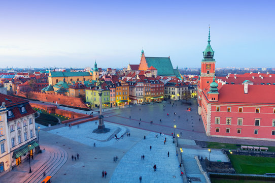 beautiful panorama of old town in Warsaw at dusk, Poland
