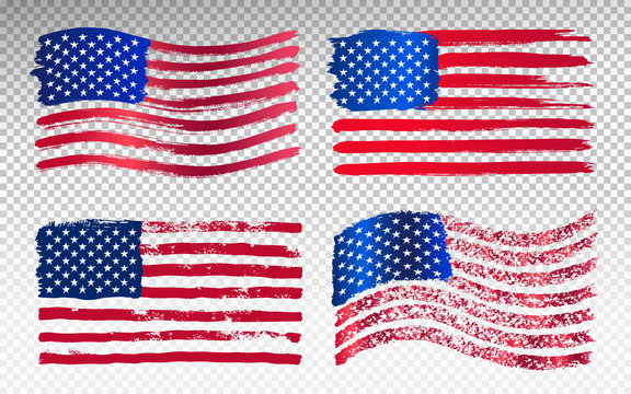 Set of grunge American flag. Watercolor flag of USA. Vector illustration. Isolated on transparent background
