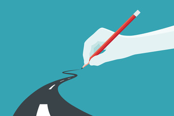 Hand holding pencil. Concept of the path to business success at choose your own. Vector illustration.
