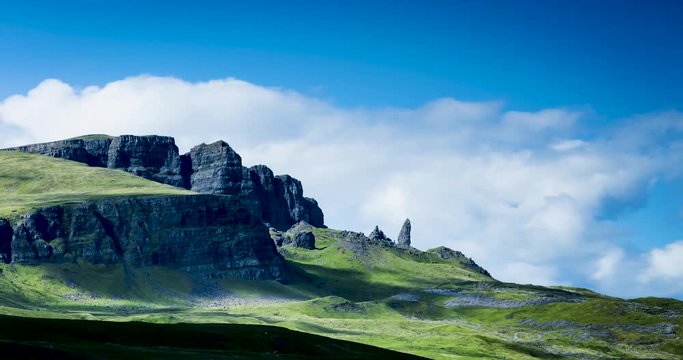timelapse of clouds and sunlight moving over the old man of storr on the isle of skye during summer