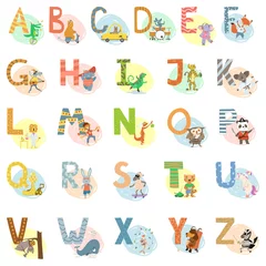 Meubelstickers Alfabet Cartoon vector hand getekende dieren Engelse taal Alfabetletters