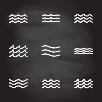 Wave icon set. Water line signs collection isolated on blackboard texture with chalk rubbed background. Vector illustration.