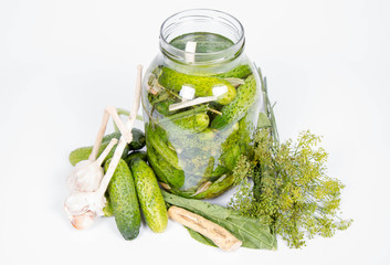 Brined pickles in a jar, with all the ingredients for making them (garlic, dill and horseradish)