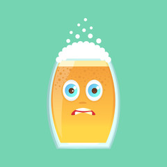 Character glass with beer, foam and bubbles. Emotional icon. He is frightened, with big eyes and small pupils, in horror. Oktoberfest. Stickers for messenger and other communications. Cartoon style.