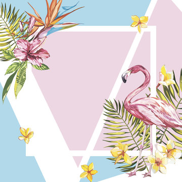 Banner, poster with flamingo, palm leaves, jungle leaf. Beautiful vector floral tropical summer background. EPS 10