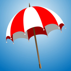 Vector illustration of a beach red and white umbrella  on a blue background