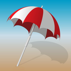 Vector illustration of a beach red and white  umbrella against the background of the sea shore