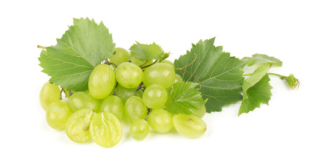 Bunch of green wine grapes isolated white background. Healthy fruits.