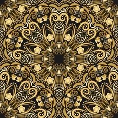 Ornate seamless pattern of golden mandala on black background.