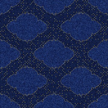 Seamless texture blue denim with printed gold frame vignette and polka dots.