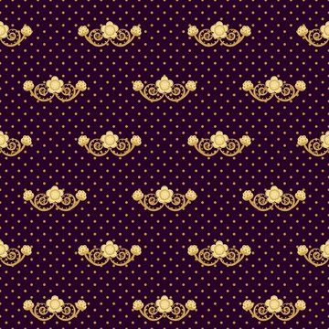 Ornate seamless pattern. Golden flowers and polka dots on purple background. Vector illustration.
