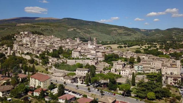 Spello, one of the most beautiful small town in Italy. Drone aerial view of the village