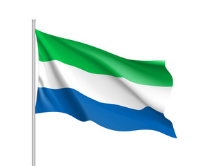 Sierra Leone flag. Illustration of African country waving flag on flagpole. Vector 3d icon isolated on white background. Realistic illustration