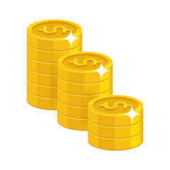 Gold dollar coins. Having a lot of money and possessions symbol. Business finance and economy concept. Cartoon vector illustration isolated on white background
