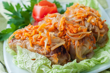Stuffed cabbage with green and carrot on the plate