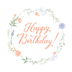 Birthday greeting card with calligraphy and hand painted vector color ink wreath.