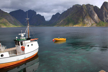 Beautiful view of boats, sea and mountains. Lofoten islands, Norway.