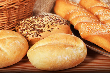 Crunchy bagels and baguette with seeds