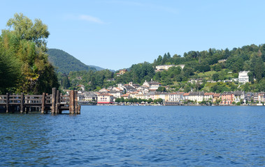 Fototapeta na wymiar Summer view on the Village of San Giullio at Lake Orta in the Piemonte region in Italy