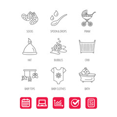 Baby clothes, bath and hat icons. Pram carriage.