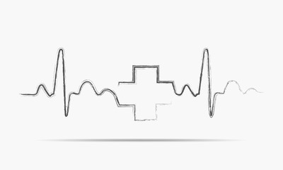 Heartbeat sign with medical cross. Vector illustration.