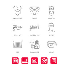 Diapers, newborn baby and clothes icons.