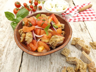 Mediterranean Italian cuisine. Panzanella salad with mozzarella cheese. Rustic style