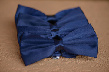 Four blue, silk bow ties with selective focus. Male accessories for formal attire, fashion and beauty concept.