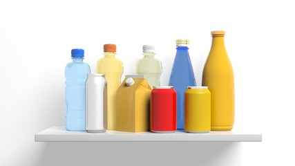 Group of beverages packages on a shelf. 3d illustration