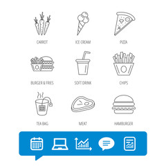 Hamburger, pizza and soft drink icons. Tea bag.