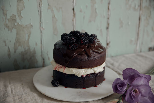 Blackberries and chocolate cake served on plate on table